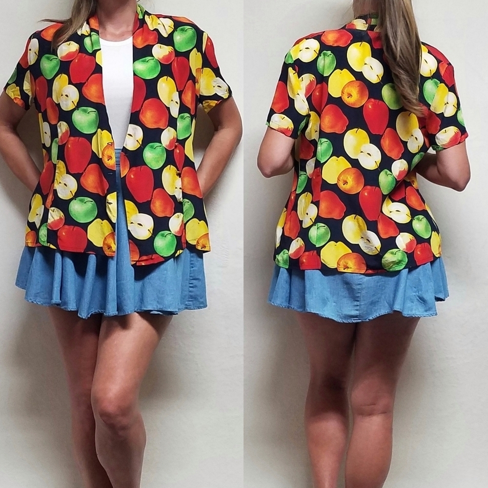 Rare Vintage Escada Margaretha Ley Silk Apple Print Standing Collar Blouse XL